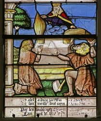 Fenster mit Darstellung von Kain und Abel, die ihre Opfer darbringen